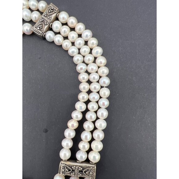 Vintage 3-Strand Glass Pearl Necklace Sterling Silver 925 Clasp Ornate Spacers - Picture 6 of 12